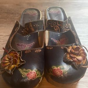Socofy vintage leather floral Mary Jane mule sz 39